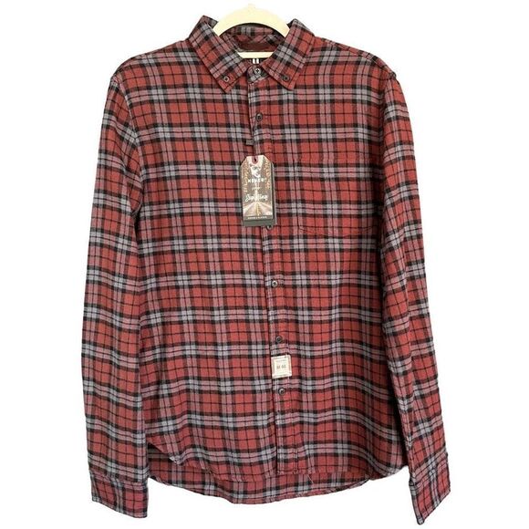 NWT Denim & Flower Plaid Button Down Cotton Flanel Burgundy Maroon - Picture 1 of 10